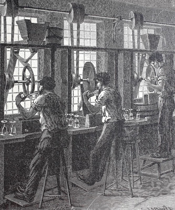 Worker in a glass factory around 1850, cutting wine glasses, France, digitally enhanced reproduction of a 19th century model, historical