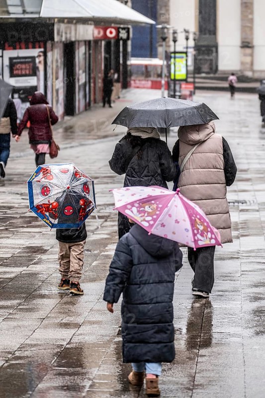 Passers-by in a pedestrian zone, Kettwiger Straße, rainy weather, city center, Essen, North Rhine-Westphalia, Germany