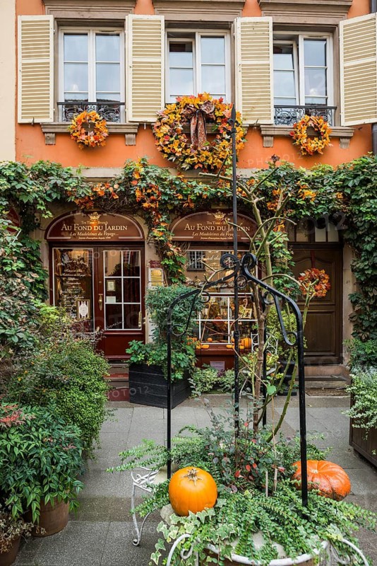 Shop decorated in autumn, Strasbourg, Alsace, France