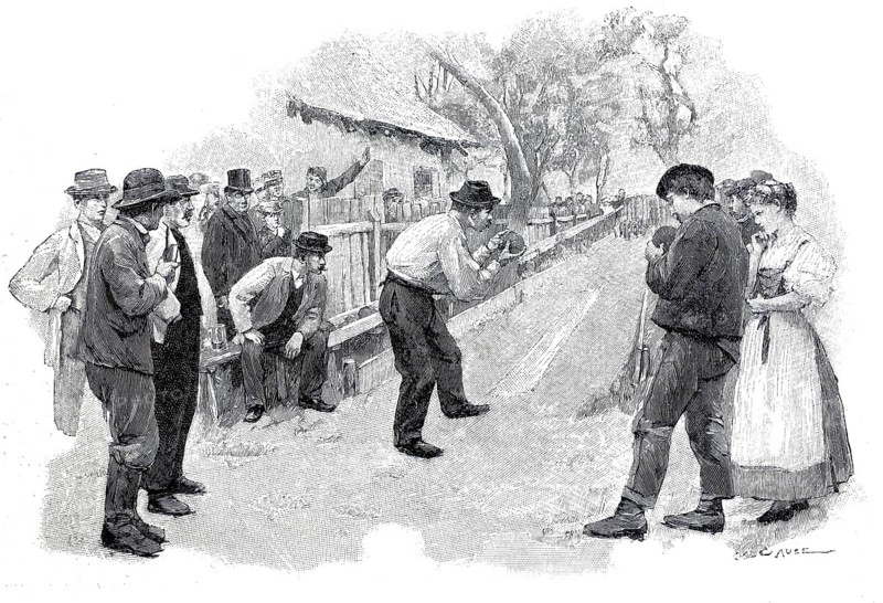At the bowling alley, people bowling, 1896, Berlin, Germany, illustration, reproduction from a model from the 19th century. Authentic, file restored for optimal use, exact date of submission unknown, historical, men playing skittles on a street surrounded by spectators