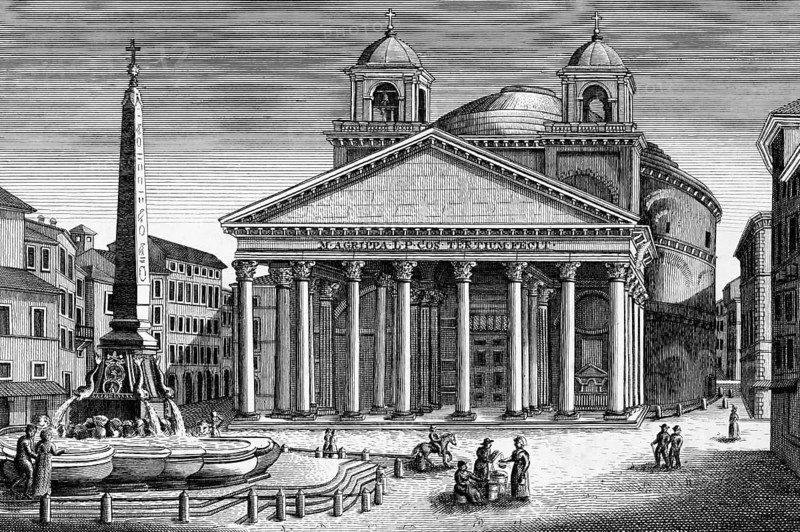 Santa Maria ad Martyres, the Pantheon, church, Rome, Italy, Field of Mars, dedicated to gods, Roman sanctuary, domed building, portico, street, public square, stele, fountain, people, rotunda, towers, crosses, horse, rider, façade, religious building, ancient building, architecture, history, steel engraving, historical illustration 1835