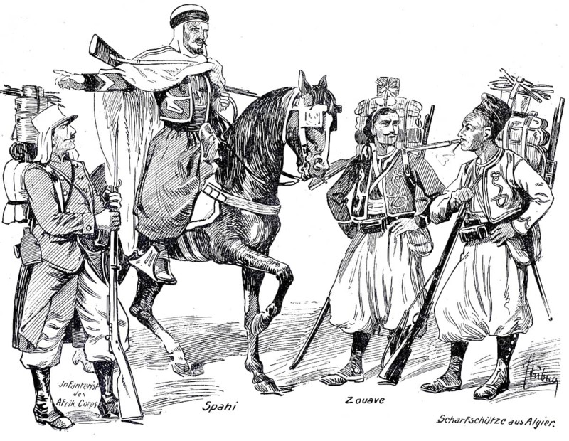 French colonial troops around 1890, infantry of the Afrika Corps, Spani, Zouave and sniper from Algiers, illustration, reproduction from a model from the 19th century. Authentic, file restored for optimal use, exact date of submission unknown, historical, various soldiers in historical uniform talking and riding a horse