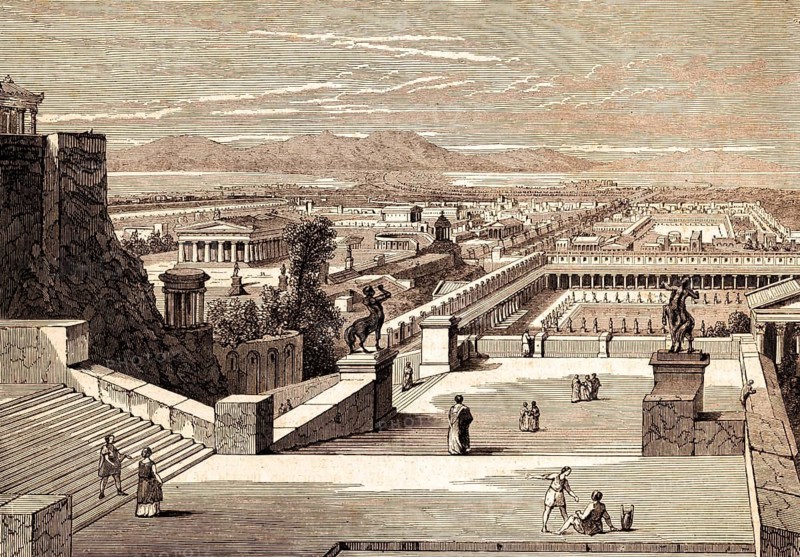 City of Corinth in the Roman province of Achaia, Greece, epistle Paul to the Corinthians, New Testament, letter, Peloponnese, isthmus, temple of Minerva, Agora, forum, marketplace, colonnade, mountain landscape, people, Bible, historical illustration 1850