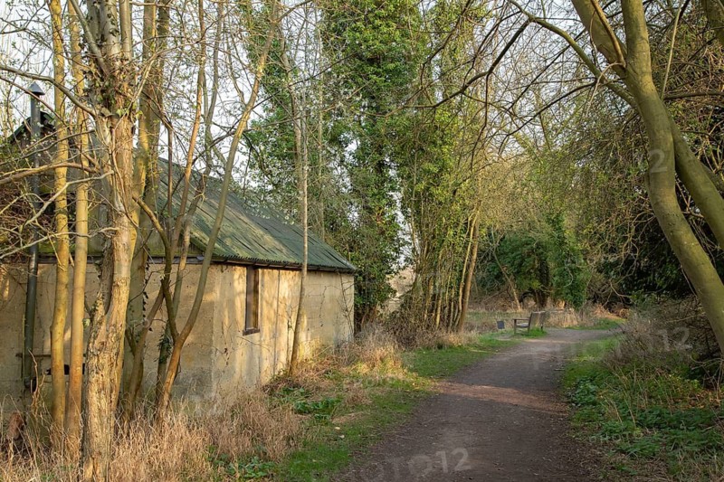 Watercress hut and footpath landscape, RSPB Fowlmere nature reserve, Cambridgeshire, England, United Kingdom