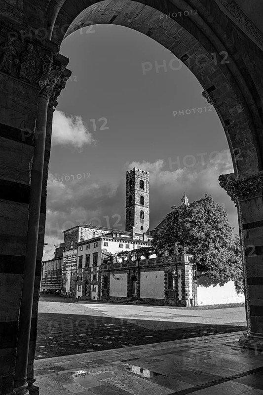 View of Piazza San Martino, historic city centre, black and white photograph, Lucca, Tuscany, Italy