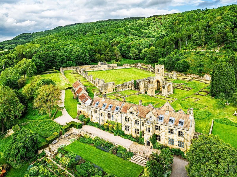 Mount Grace Priory, House and Gardens from a drone, East Harlsey, North Yorkshire, England, United Kingdom