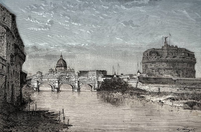 Scenic view of Ponte Sant'Angelo and Castel Sant'Angelo, Rome, Italy, 19th Century