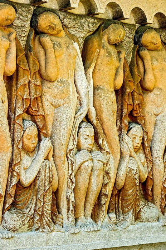 Relief group, sculpture Sleep, by Bernhard Hoetger in the plane tree grove, Art Nouveau, UNESCO World Heritage Site, Mathildenhöhe artists' colony, Darmstadt, Hesse, Germany