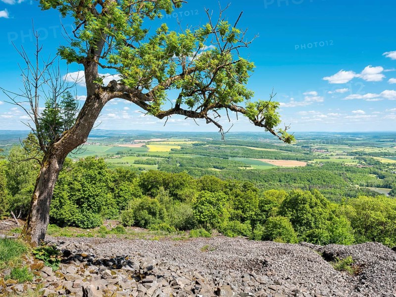 Blockheap on Kleiner Gleichberg, former Celtic oppidum Steinsburg, view over the landscape of the Thuringian Rhön, Römhild, Thuringia, Germany