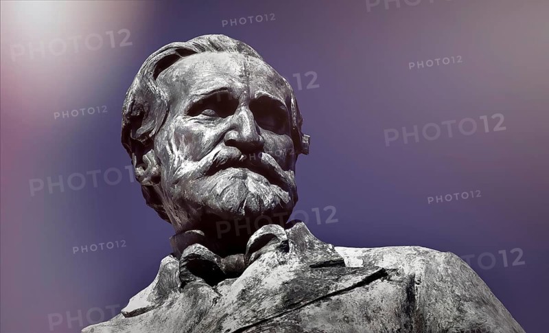 Verdi monument in front of Rocca dei Marchesi Pallavicino, Piazza Giuseppe Verdi, Busseto, Province of Parma, Emilia-Romagna, Italy, Europe, digitally edited