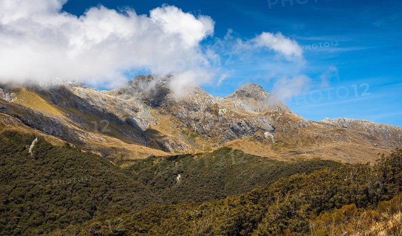 Mountain landscape in New Zealand on the Key Summit Track hiking trail. Fiordland National Park, Southland Region, South Island, New Zealand