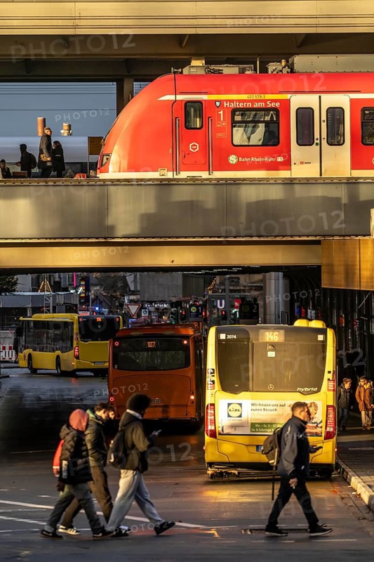 Central station in the city centre of Essen, dense traffic, local train, bus station, local buses, North Rhine-Westphalia, Germany