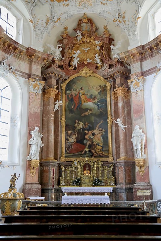 Benediktbeuern Abbey, former Benedictine Abbey, today a branch of the Salesians of Don Bosco, altar in the choir room of the monastery church of St. Benedict, Bad Tölz-Wolfratshausen district, Upper Bavaria, Bavaria, Germany