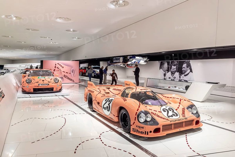 Porsche Museum Stuttgart-Zuffenhausen. Porsche 917/20 built in 1971 (front), The Automobile Museum of Dr. Ing. h.c. F. Porsche AG displays racing cars and iconic automobiles from automotive history. Interior view. Stuttgart, Baden-Württemberg, Germany