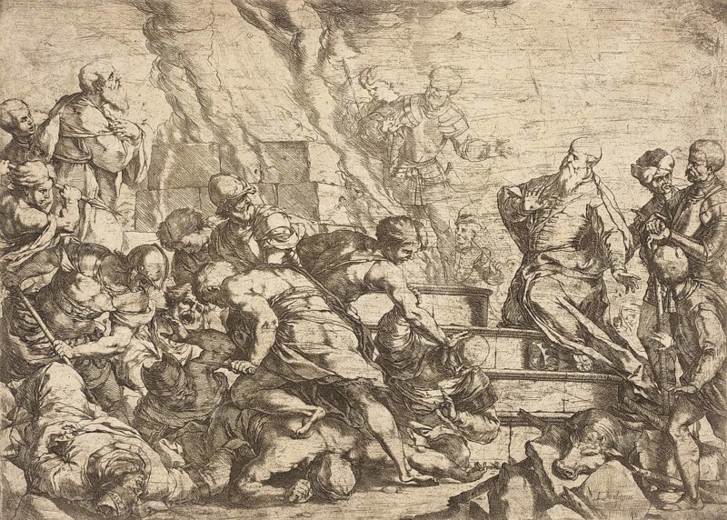 Luca Giordano (b. 18 October 1634, d. 3 January 1705), called Fa Presto, Italian painter and etcher of the Baroque period, The Sacrifice of Elijah (late 1650s), Painting, Reproduction of the painting in its original state, Work of art, Historical, Detailed drawing with a crowd in a chaotic situation