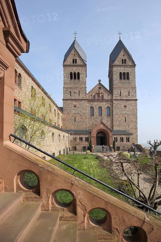 Neo-Romanesque UNESCO Benedictine Abbey St. Hildegard, monastery church with twin towers, Eibingen, Rüdesheim, Upper Middle Rhine Valley, Taunus, Rheingau, Hesse, Germany