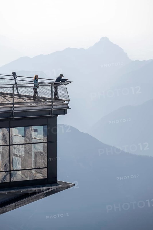 Tourists at the mountain station of the Bavarian Zugspitze railway, view, Wetterstein mountains, Bavaria, Germany
