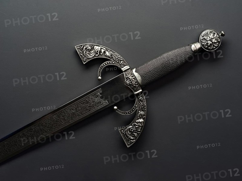 This image showcases a beautifully crafted Spanish steel sword, featuring intricate engravings and a detailed hilt. The weapon lies against a black background, emphasizing its elegant design