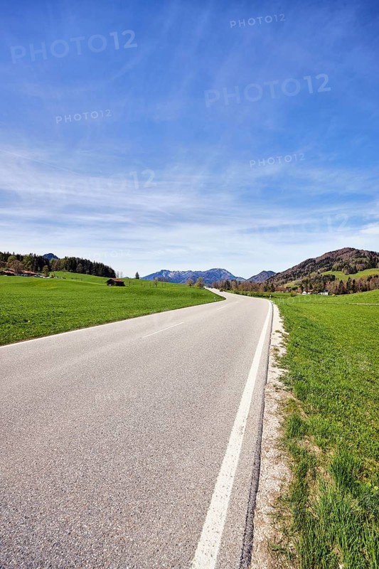 Mountain landscape, meadows, mountains, hills, coniferous forest, homesteads, road, curve, image processing brightnesses and contrasts, blue sky, cirrus clouds, cirrostratus clouds, federal road B305, Ruhpolding, Traunstein district, Bavaria, Germany