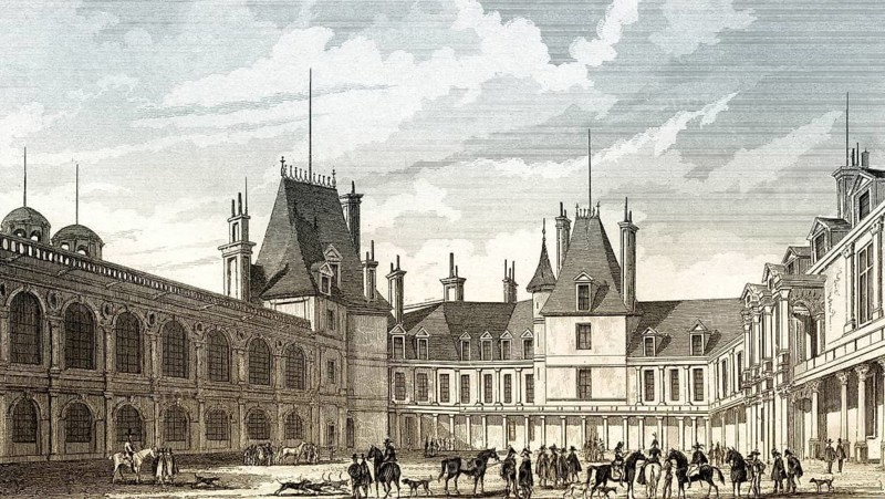 The Oval Courtyard, Château de Fontainebleau, near Paris, antique steel engraved print, 1831