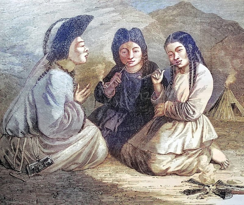 Kalkhas woman in Mongolia, coloured wood engraving, reproduction of an original from ca 1888, Historical, Three people in traditional dress smoking pipes in front of a mountain backdrop