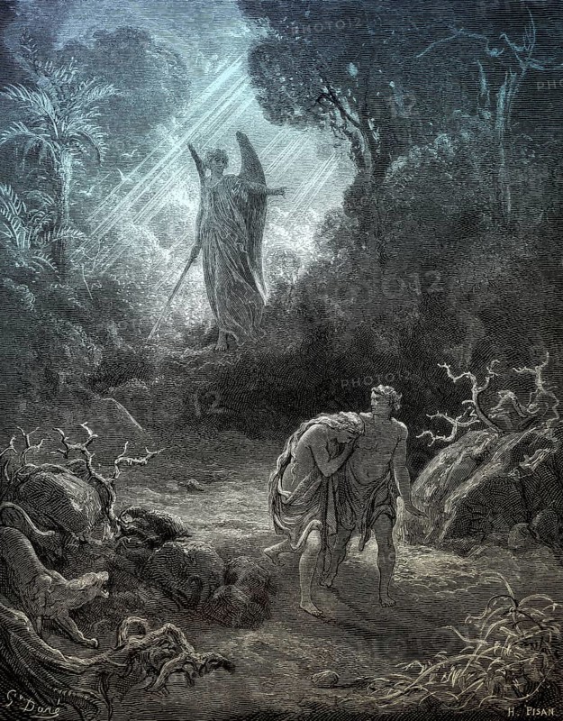 Adam and Eve are driven out of Eden, Old Testament, woodcut by Gustave Doré