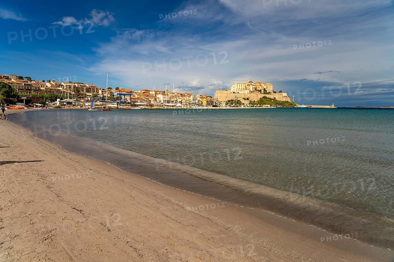 The beach and city view with marina and citadel in Calvi, Balagne, Corsica, France