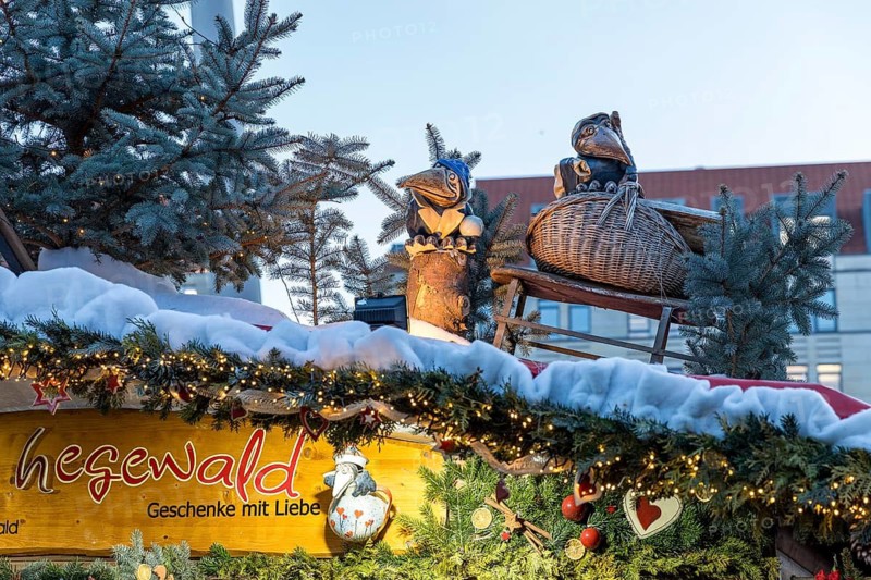 Detailed decoration on the stalls of the Striezelmarkt Christmas market, Dresden, Saxony, Germany