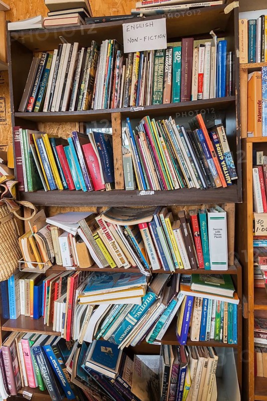 Various books displayed in bookcase for sale inside second hand goods and chattels store, Quebec, Canada