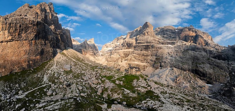 Evening at Refugio Francis Fox Tuckett, alpine panorama, aerial view, impressive mountain peaks of the Brenta Mountains, Brenta, Brenta-Adamello Natural Park, Trentino, Italy