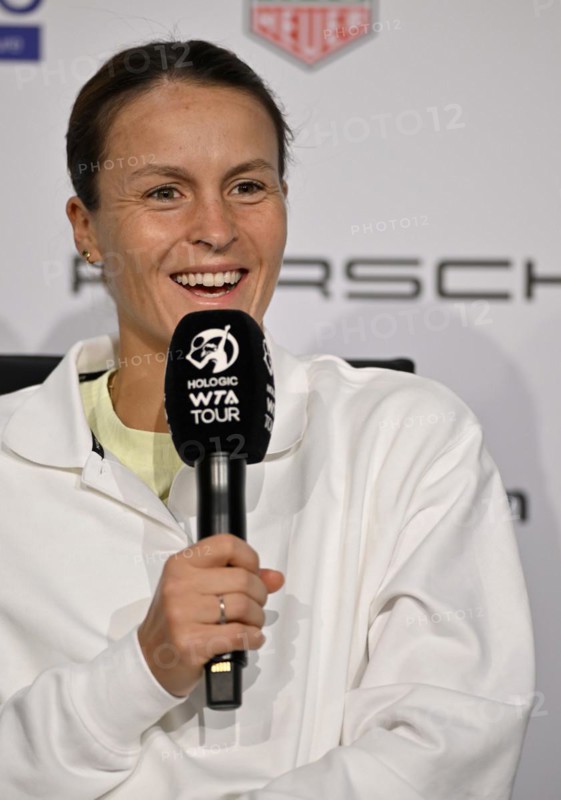 Tatjana Maria (GER) portrait, smiles, press conference, press conference, interview, microphone, mike, logo, WTA, tennis, Porsche Cup 2024, Porsche Arena, Stuttgart, Baden-Württemberg, Germany
