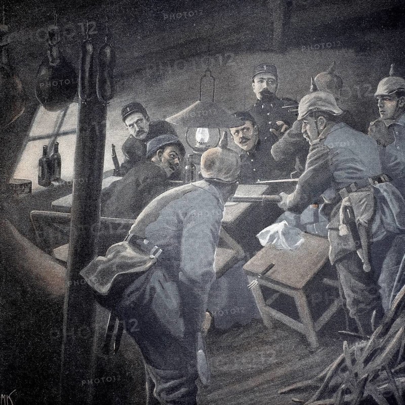 1st World War, Surprise in the Argonne Forest, a French advanced post is dug out in its shelter by German soldiers (original text from 1915, original colouring), Illustration, Reproduction from a 19th century original. Authentic, file restored for optimal use, exact date of original unknown, Historical, Soldiers gather in a dark room for a strategic meeting. The atmosphere is serious and tense
