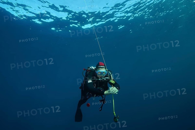 A female diver holds the line of a safety buoy swimming in calm, clear water, Giens Peninsula dive site, Mediterranean Sea, Porquerolles, Provence, Côte d'Azur, France