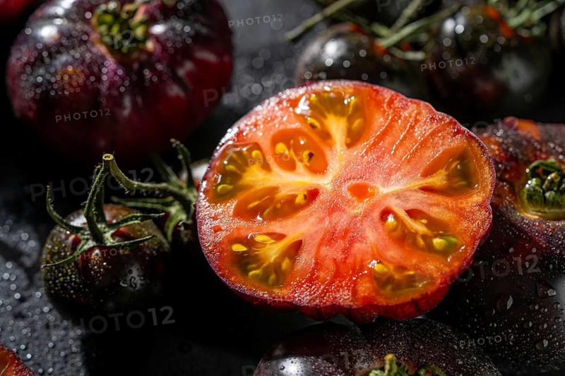 Close up of heirloom tomatoes with a vibrant sliced center, showcasing rich colors and textures. Freshness and natural beauty emphasized by light and dew drops