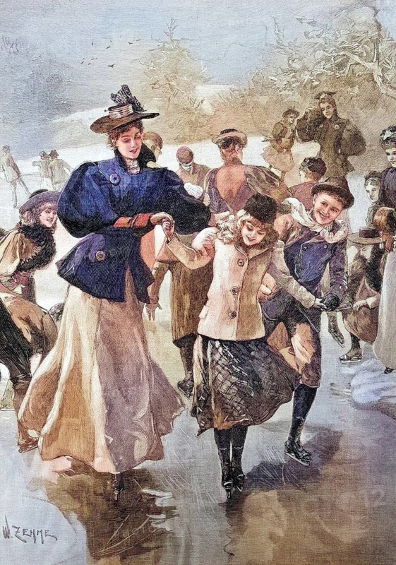Ice skating, coloured wood engraving, reproduction of a model from ca. 1888, historical, children and adults skating on a frozen lake. The scene is cheerful and full of wintry fun