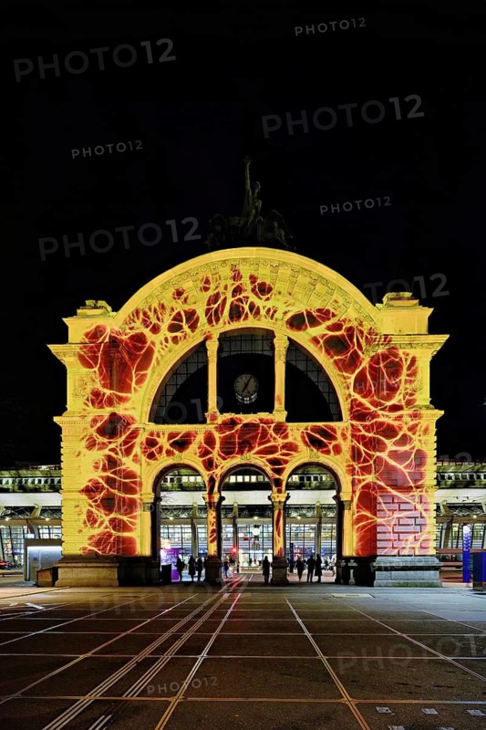 Archway on the station square, light installation at dusk, Lilu, Light Festival 2023, Lucerne, Canton of Lucerne, Switzerland