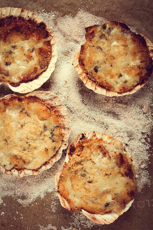 Scallop shells, stuffed, baked with cheese, in the oven, julienne with scallops