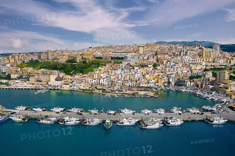 Aerial view, front harbor, fishing port, fishing boats, ships, back Sciacca, picturesque, port town, thermal spa, Agrigento Free Community Consortium, Sicily region, Italy, Mediterranean