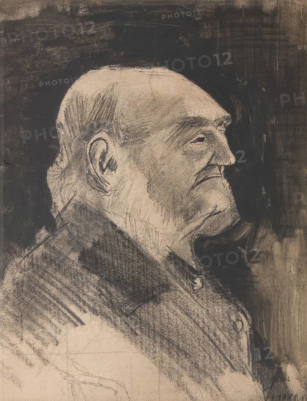 Bald-Headed Orphan Man (1883), painting by Vincent Willem van Gogh (born 30 March 1853 in Groot-Zundert, died 29 July 1890 in Auvers-sur-Oise), Dutch painter and draughtsman, one of the founders of modern painting, illustration, reproduction from a painting. Authentic, exact date of the original unknown, Historical, Black and white sketch of the profile of an elderly man with a concentrated expression