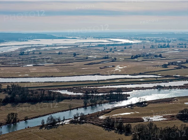Ice and snow-covered foothills of the Oder in the Lower Oder Valley National Park. aerial view. Stützow, Uckermark, Brandenburg, Germany