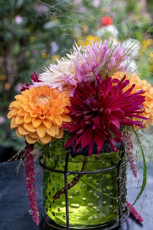 Small bouquet with dahlias in a green vase, Germany