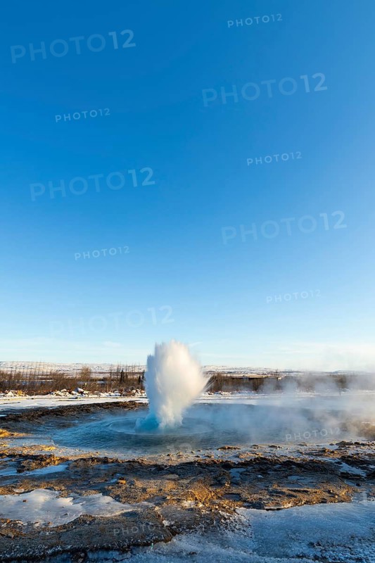 Strokkur, Gysir erupting, snow, winter, Haukadalur Valley, Golden Circle, Iceland, Scandinavia