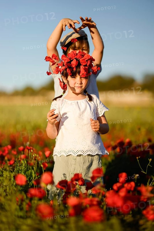 A young boy places a crown of common poppies on his sister in a blooming field. The girl, adorned in white, admires the red poppies around them under a clear blue sky