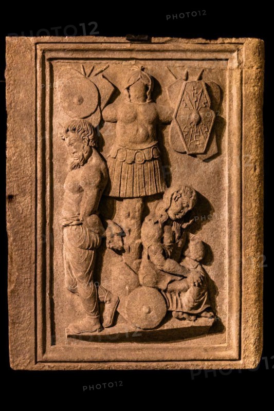Trophy frieze, 2nd century, Tergestino Lapidarium, Castle of San Giusto, medieval castle and fortress, 15th-16th century, Colle di San Giusto, Trieste, harbour town on the Adriatic, Friuli, Italy, Trieste, Friuli, Italy