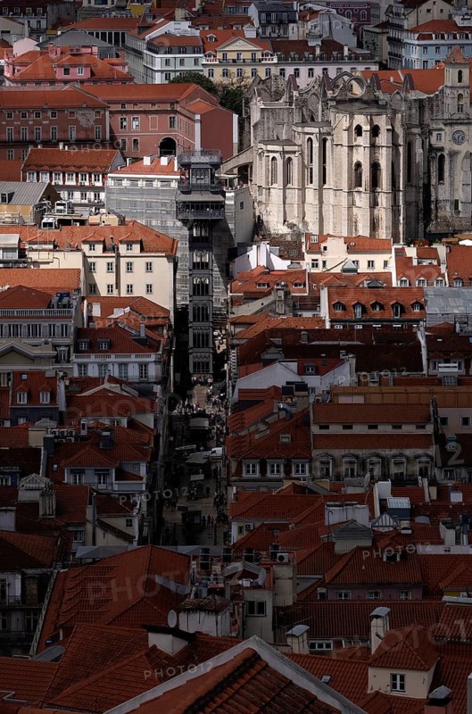 View from Castelo de São Jorge to old town, Elevador de Santa Justa lift, Museu Arqueológico do Carmo museum in church ruins, city view, Lisbon, Portugal