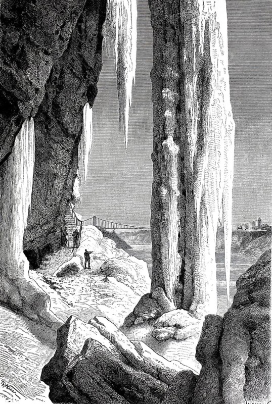 The icy wind cave at the foot of Niagara, 1890, Canada, America, illustration, reproduction from a 19th century model. Authentic, file restored for optimal use, exact date of original unknown, historic, pointed icicles hang from a rocky cave as people explore the scene