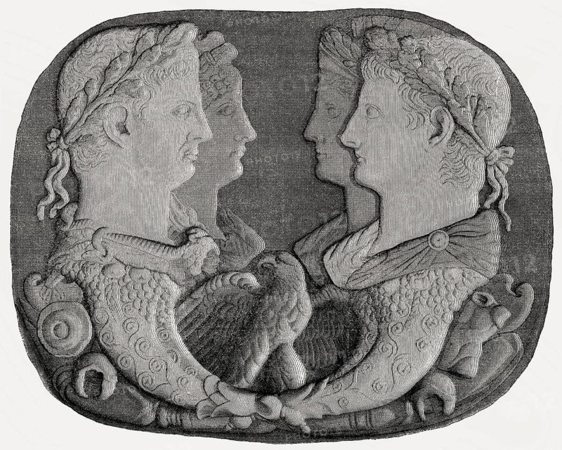 Onyx cameo, on the left the Roman emperor Claudius and his wife Agrippina, on the right the Roman Emperor Tiberius with his wife Livia
