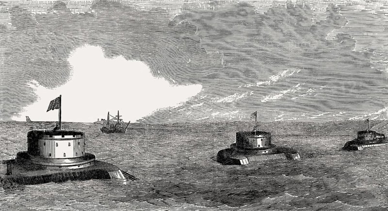 US Coastal defence, water batteries in the water, 19th century