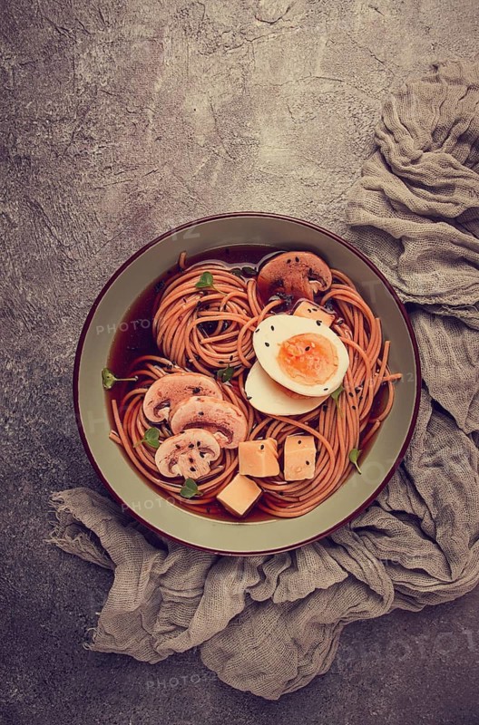 Asian soba soup, with mushrooms and egg, cheese, sesame seeds, homemade, no people