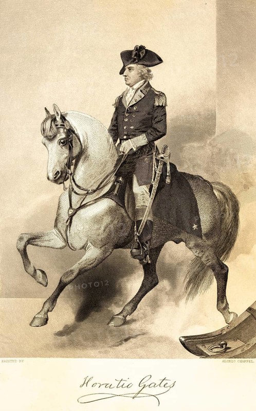 Horatio Gates (1727-1806) officer, commander, general in the American War of Independence, horseman, horse, sword, uniform, USA, portrait of famous Americans, signature, artist Alonzo Chappel, steel engraving, historical illustration 1862